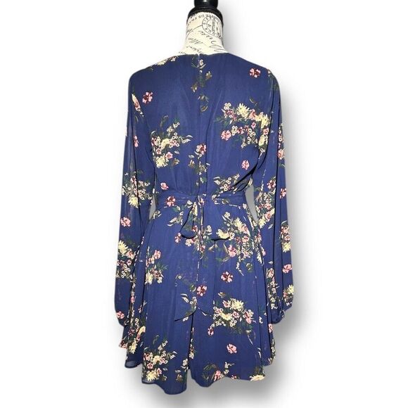 Lulus S Navy Floral Chiffon Long Sleeve Mini Dress Boho Cocktail Wedding Guest - Picture 8 of 9